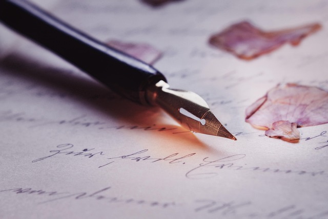 Collection of fountain pens and ballpoint pens laid out on a notebook